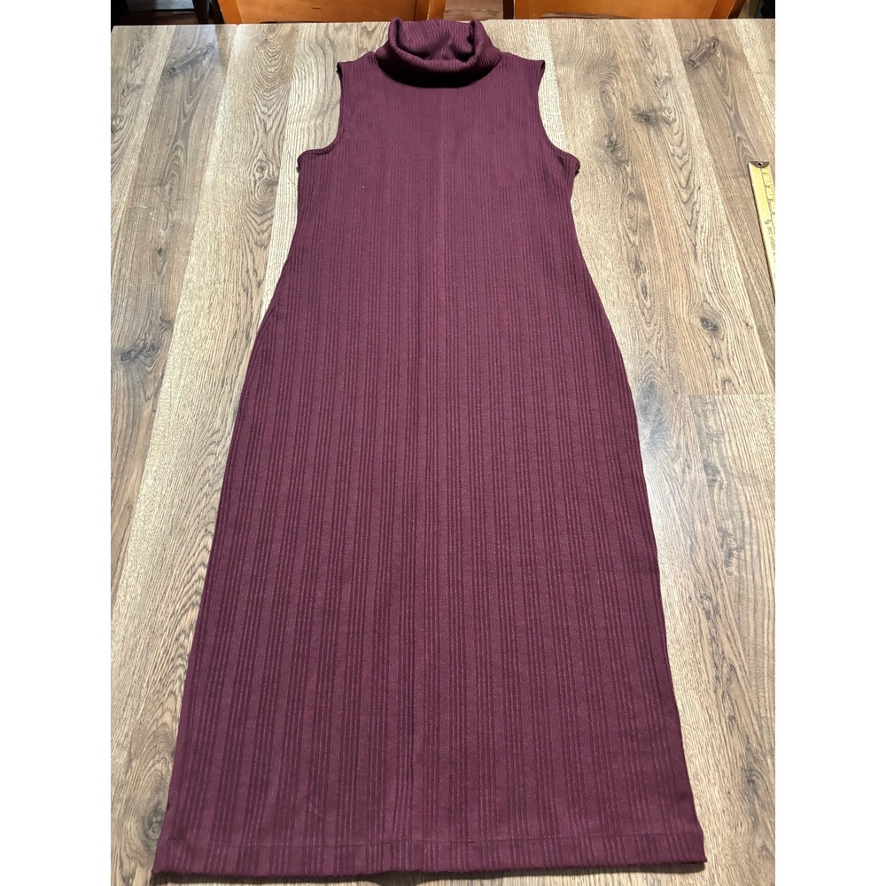 Nine West DressWomen Size L Maroon Midi Dress Ribbed Knit Sleeveless Turtleneck